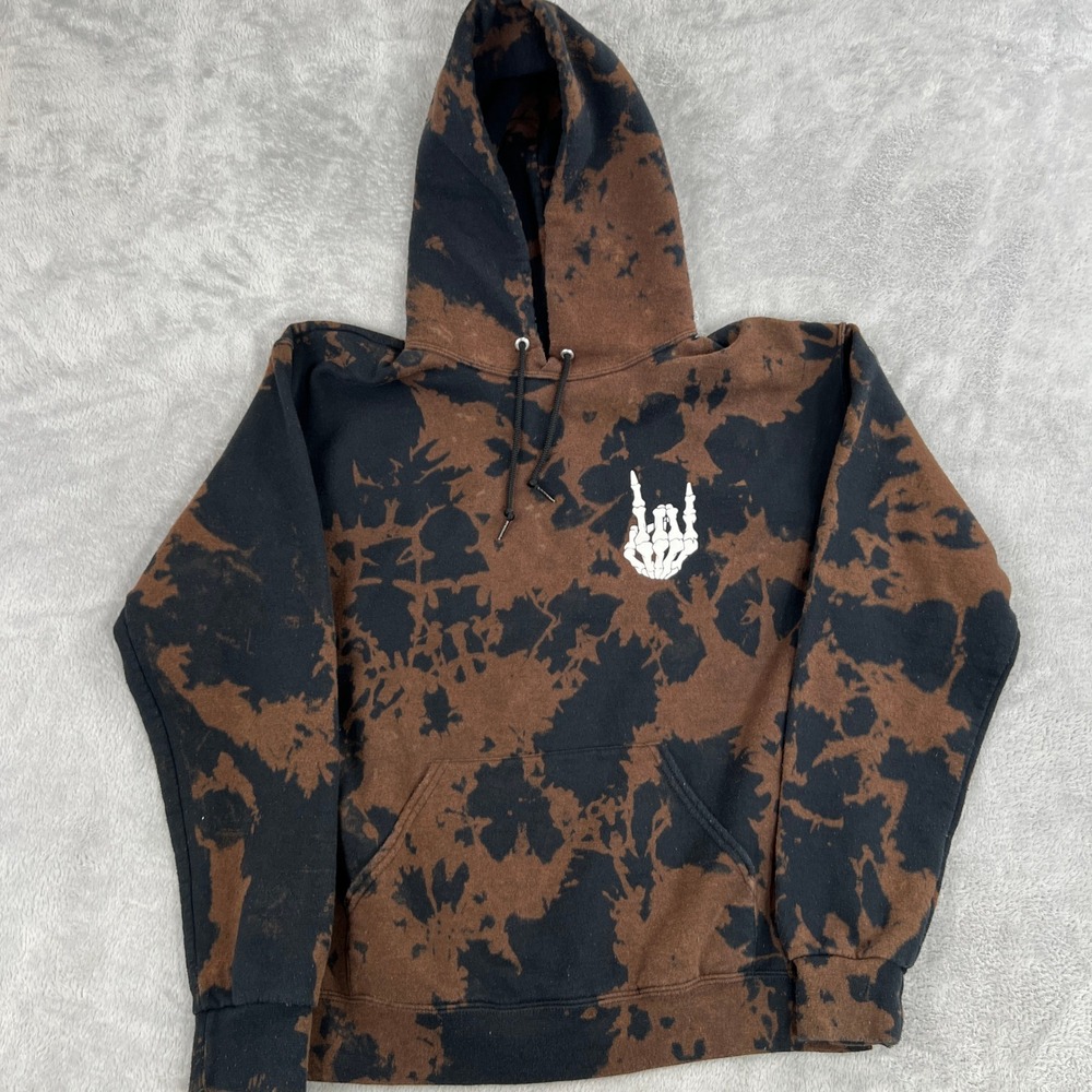 Bowery Bleach Dye Skeleton Hand Hoodie S Black Brown Women Streetwear Grunge